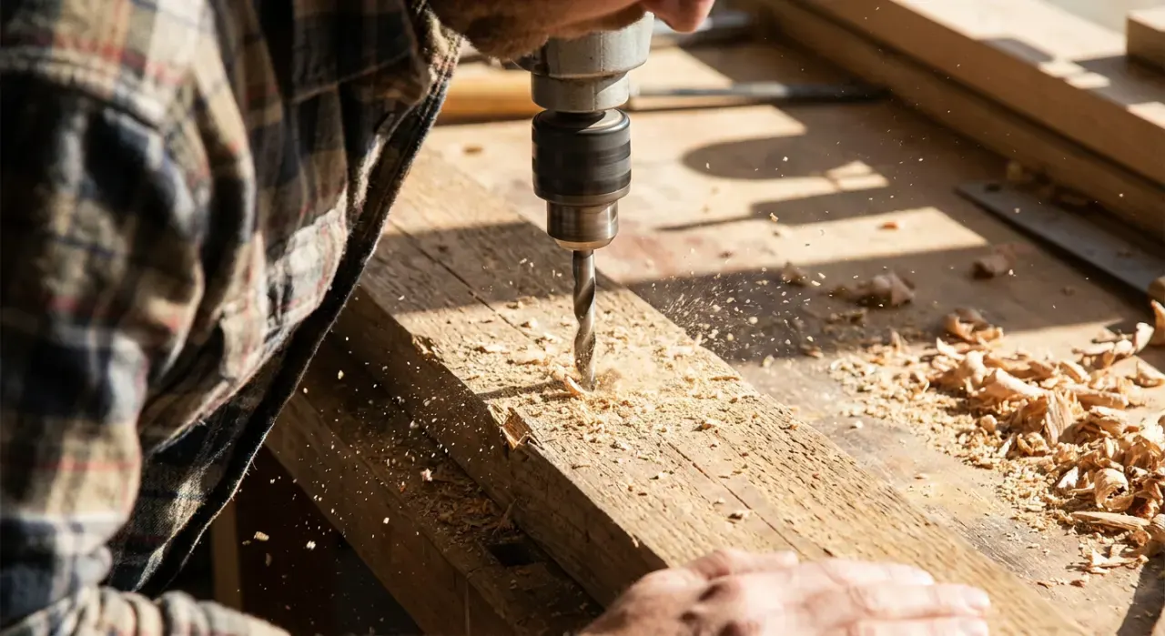 Close-up detail of the material being worked in a power tools & workshop project, in bright midday sun