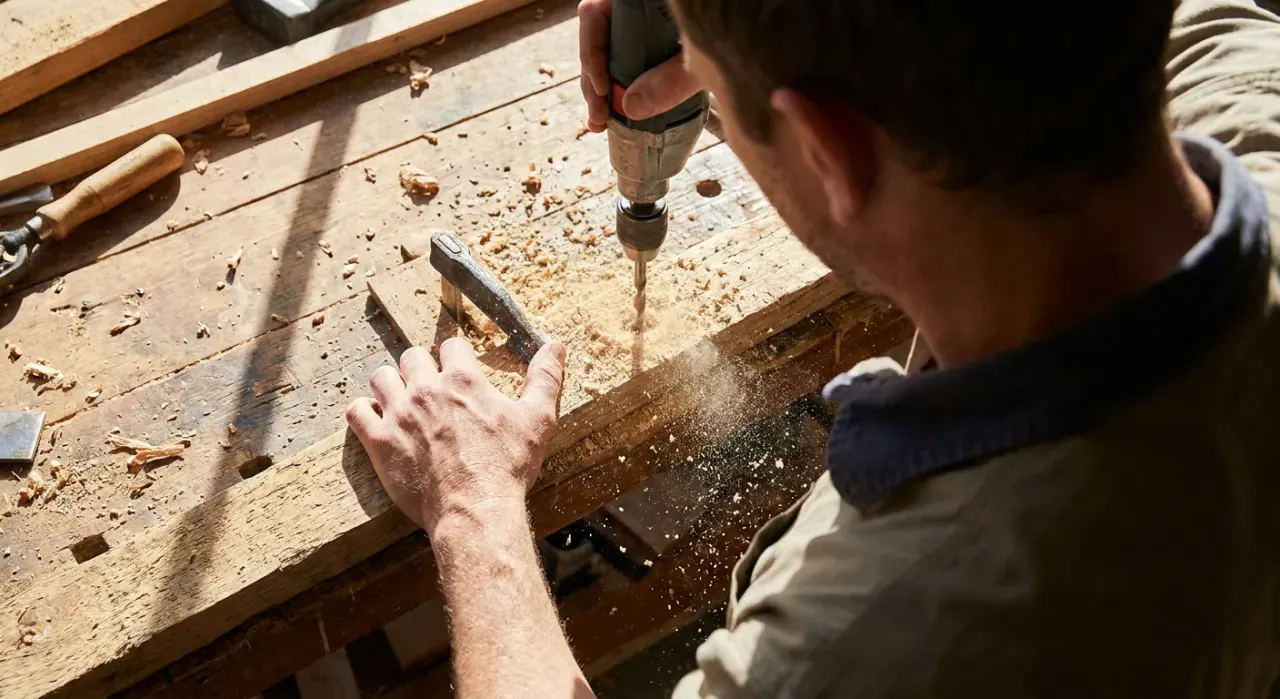 Overhead view of a person drilling into a timber board on a workbench, sawdust in the air, in bright midday sun