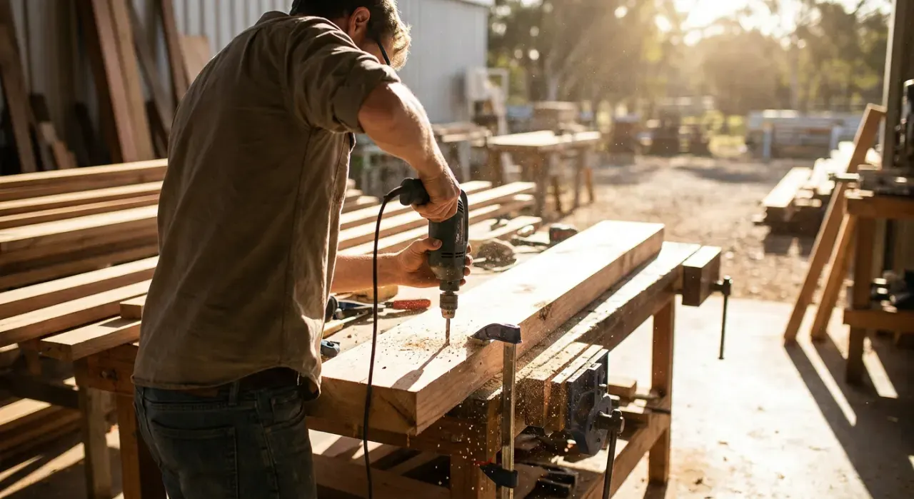Wide environmental view of a person drilling into a timber board on a workbench, sawdust in the air, in bright midday sun