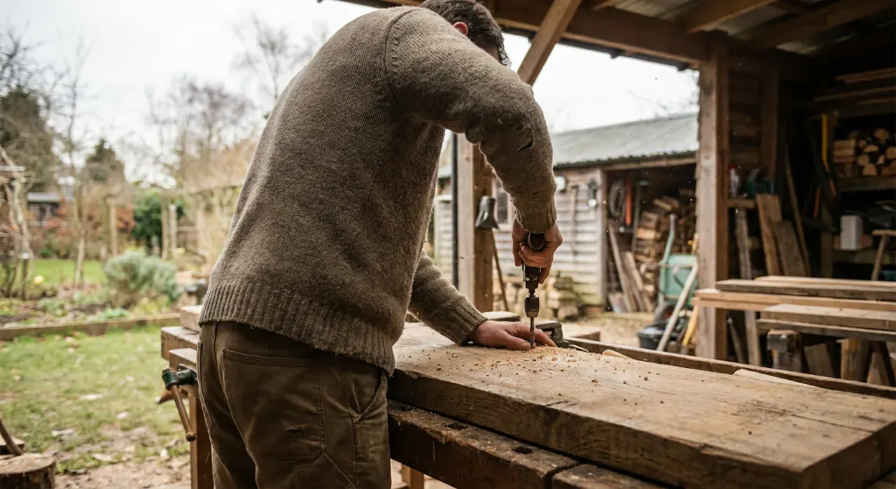 Wide view of a person drilling into a timber board on a workbench, sawdust in the air, in soft overcast light