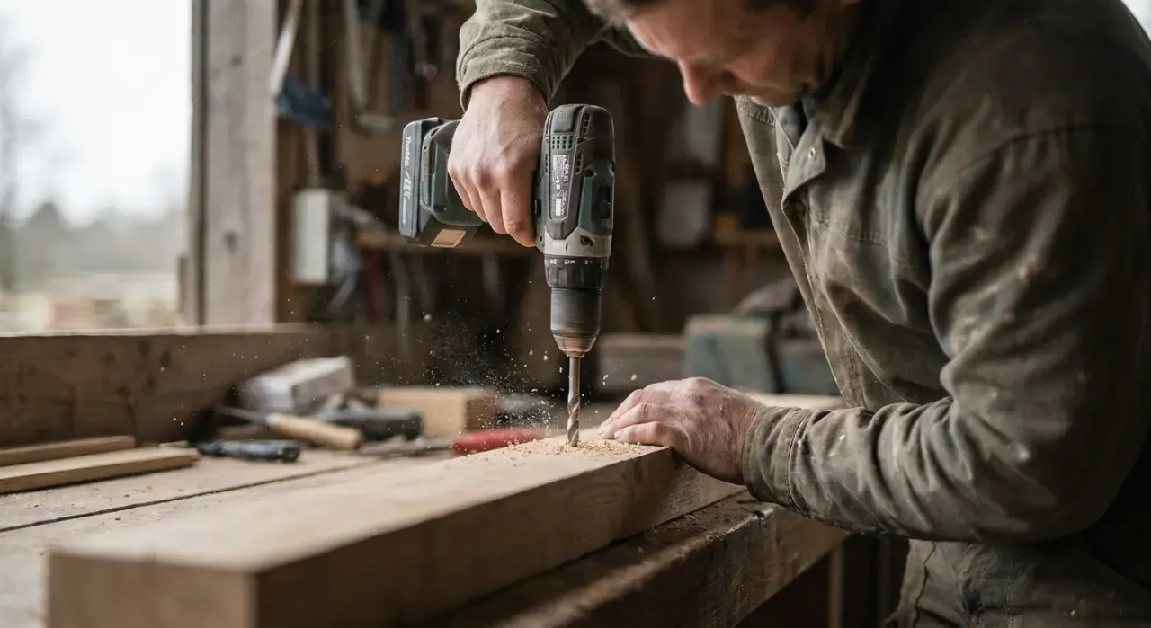 Over-the-shoulder view of a person drilling into a timber board on a workbench, sawdust in the air, in soft overcast light
