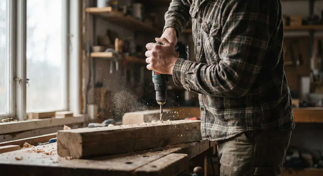 Three-quarter view of a person drilling into a timber board on a workbench, sawdust in the air, in soft overcast light