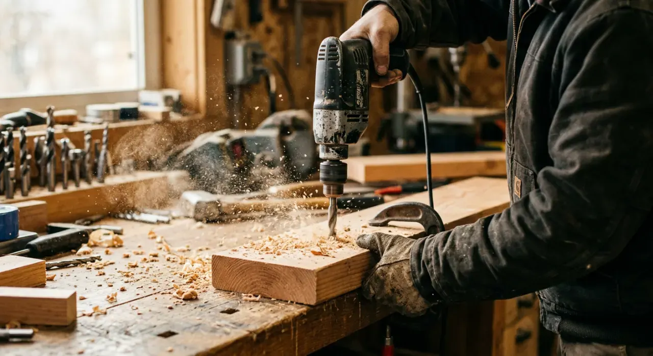 Over-the-shoulder view of a person drilling into a timber board on a workbench, sawdust in the air, in soft early-morning light