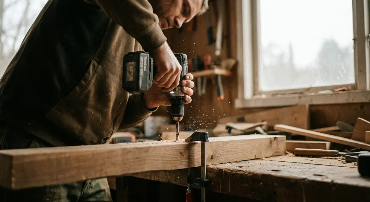 Low-angle view of a person drilling into a timber board on a workbench, sawdust in the air, in soft overcast light