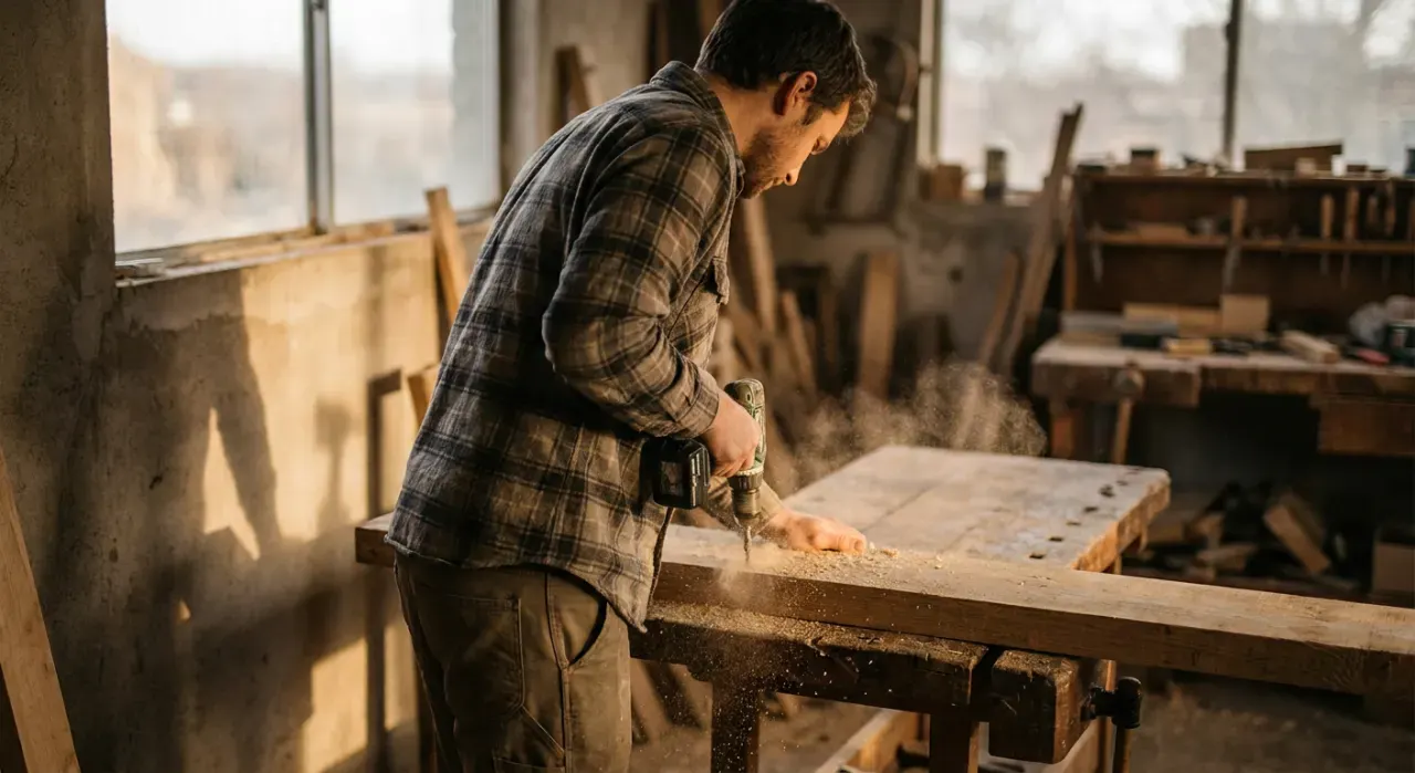 Golden-hour view of a person drilling into a timber board on a workbench, sawdust in the air