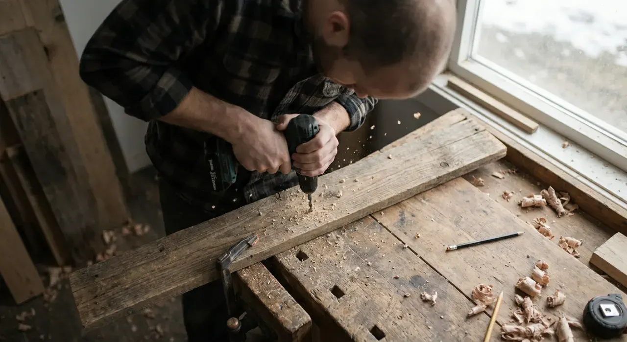 Overhead view of a person drilling into a timber board on a workbench, sawdust in the air, in soft overcast light