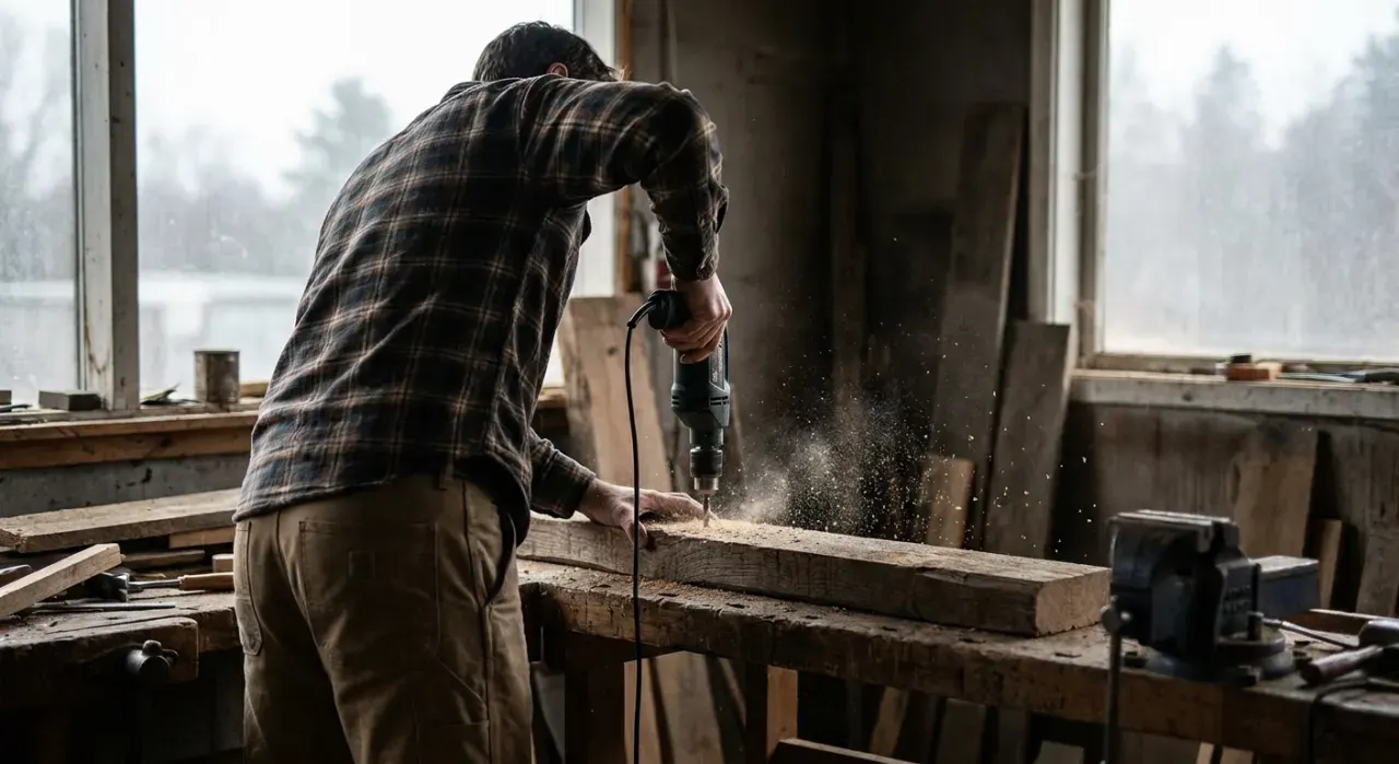 Wide environmental view of a person drilling into a timber board on a workbench, sawdust in the air, in soft overcast light