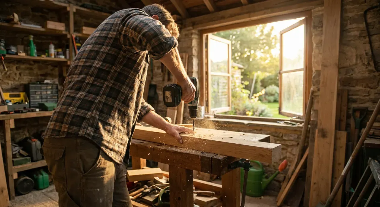 Wide view of a person drilling into a timber board on a workbench, sawdust in the air, in warm late-afternoon light
