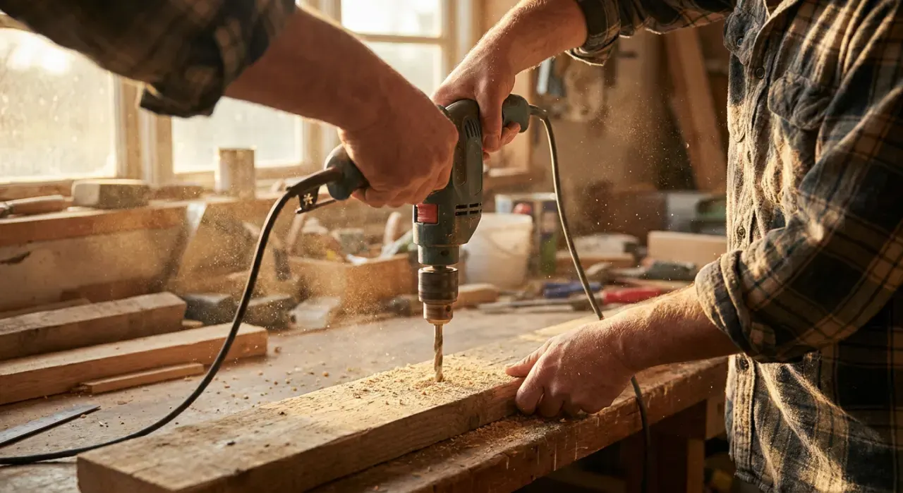 Over-the-shoulder view of a person drilling into a timber board on a workbench, sawdust in the air, in warm late-afternoon light