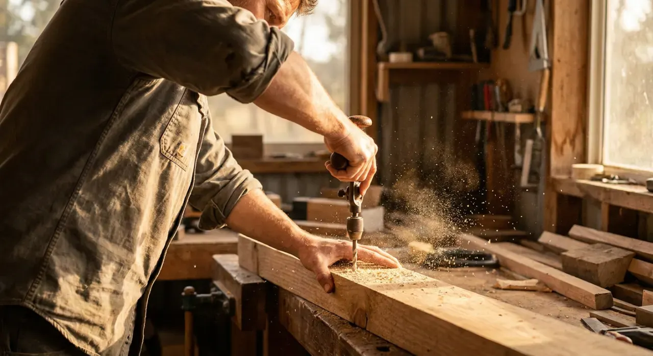 Three-quarter view of a person drilling into a timber board on a workbench, sawdust in the air, in warm late-afternoon light