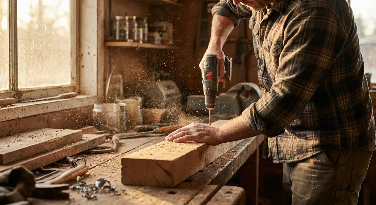 Low-angle view of a person drilling into a timber board on a workbench, sawdust in the air, in warm late-afternoon light