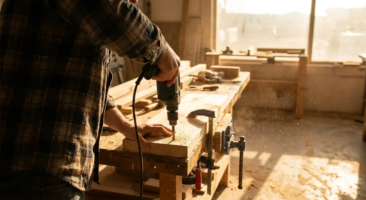 Golden-hour view of a person drilling into a timber board on a workbench, sawdust in the air