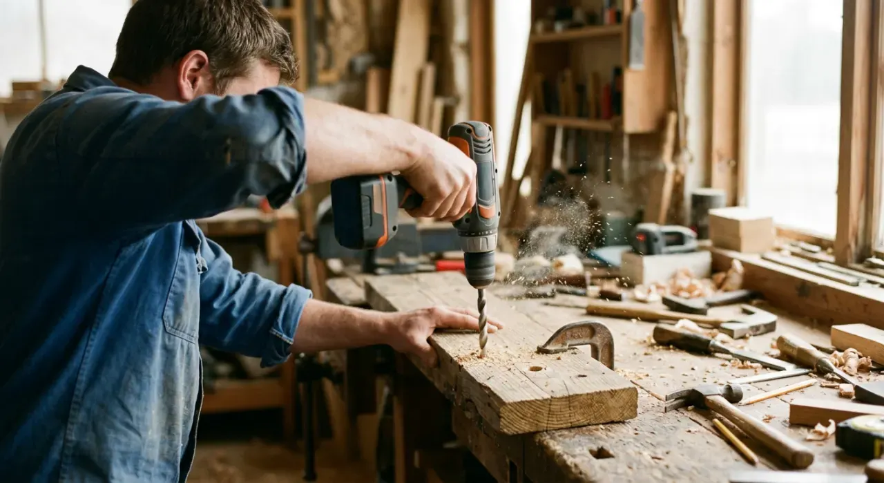 Three-quarter view of a person drilling into a timber board on a workbench, sawdust in the air, in soft early-morning light