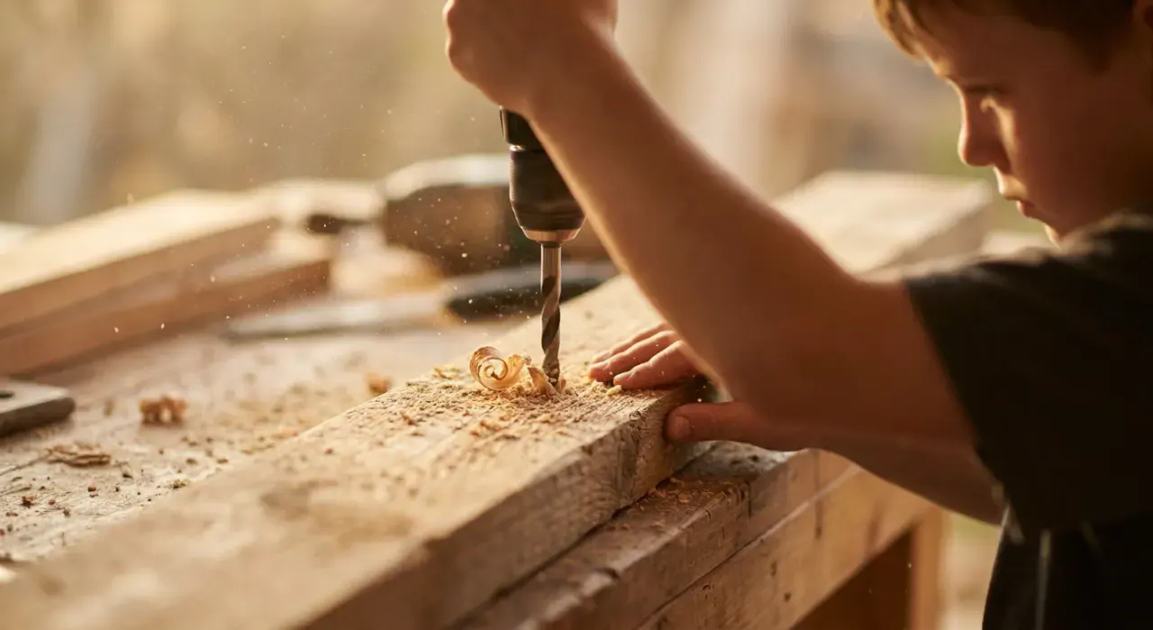 Close-up detail of the material being worked in a power tools & workshop project, in warm late-afternoon light