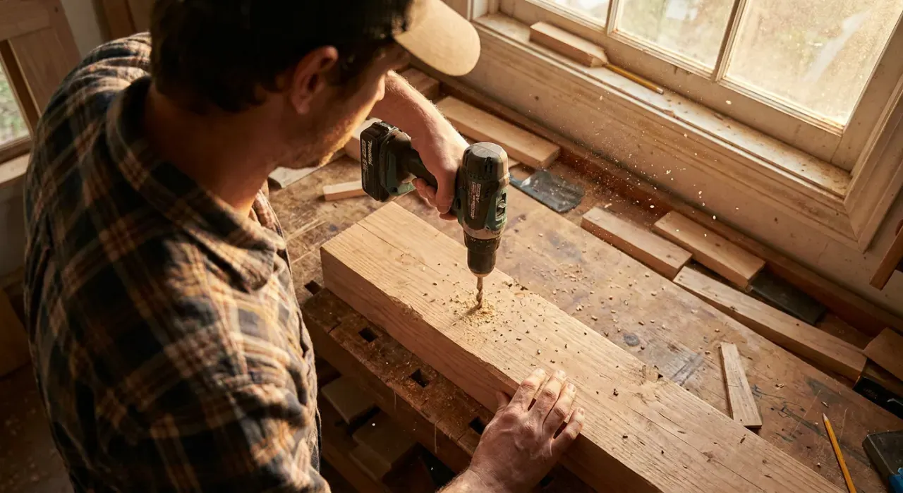 Overhead view of a person drilling into a timber board on a workbench, sawdust in the air, in warm late-afternoon light