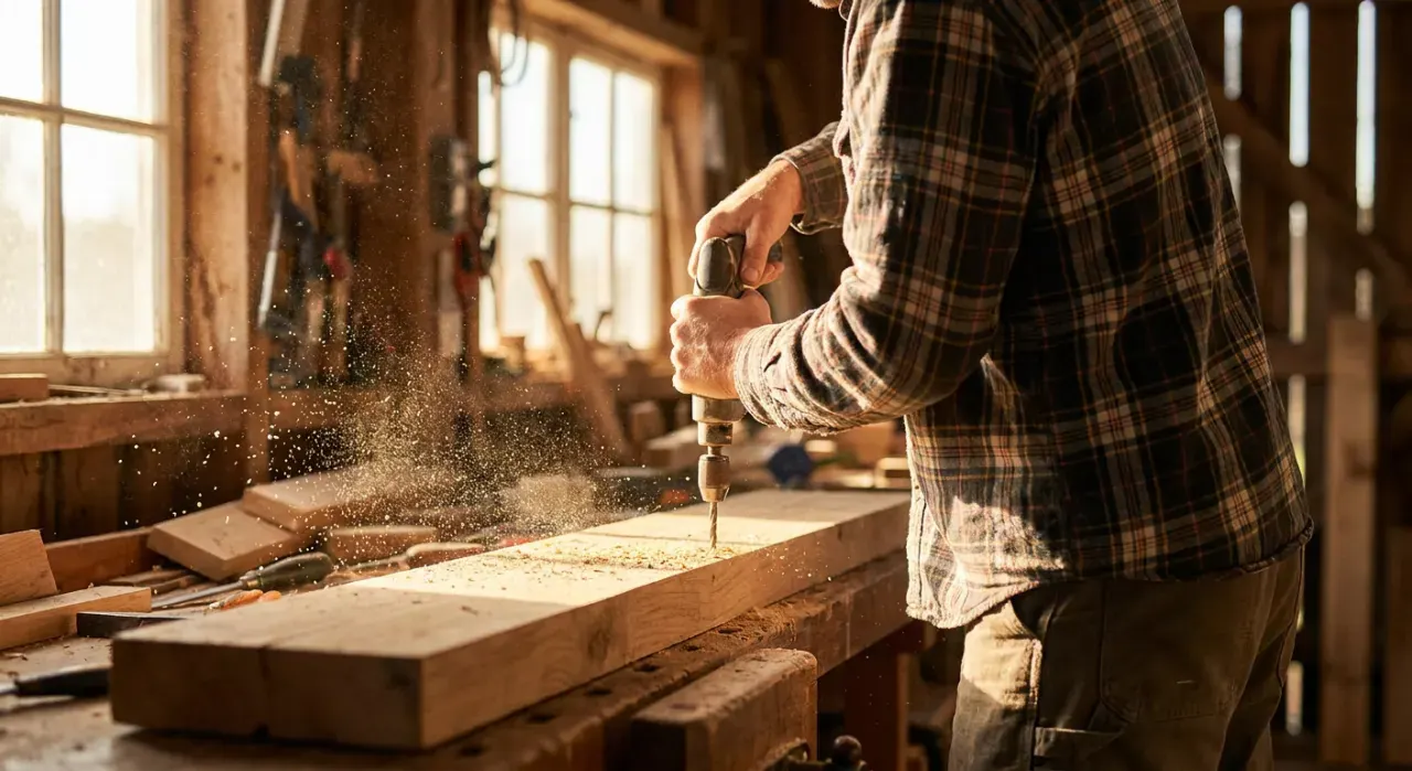 Wide environmental view of a person drilling into a timber board on a workbench, sawdust in the air, in warm late-afternoon light