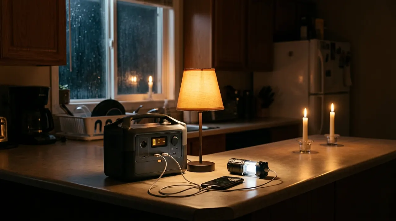Three-quarter view of a person drilling into a timber board on a workbench, sawdust in the air, in warm evening lamplight