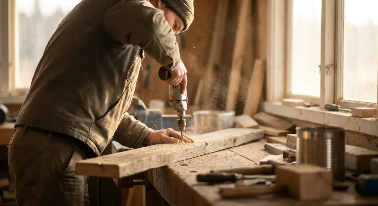 Low-angle view of a person drilling into a timber board on a workbench, sawdust in the air, in soft early-morning light