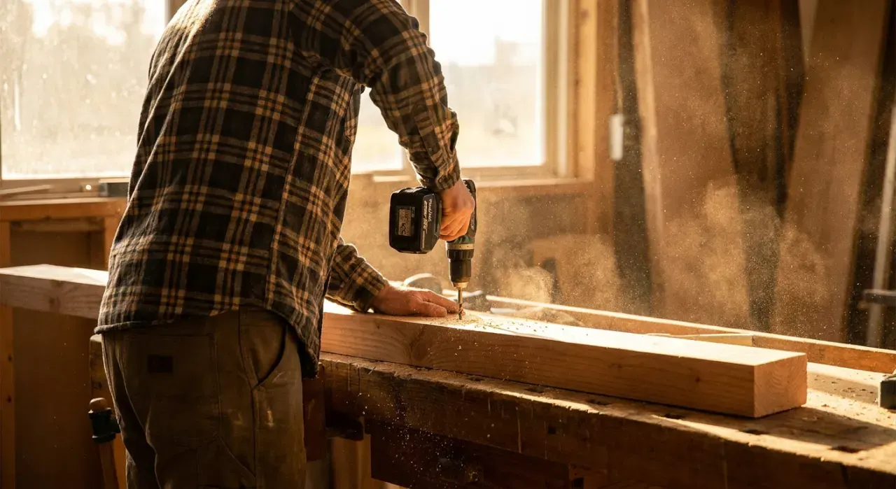 Golden-hour view of a person drilling into a timber board on a workbench, sawdust in the air