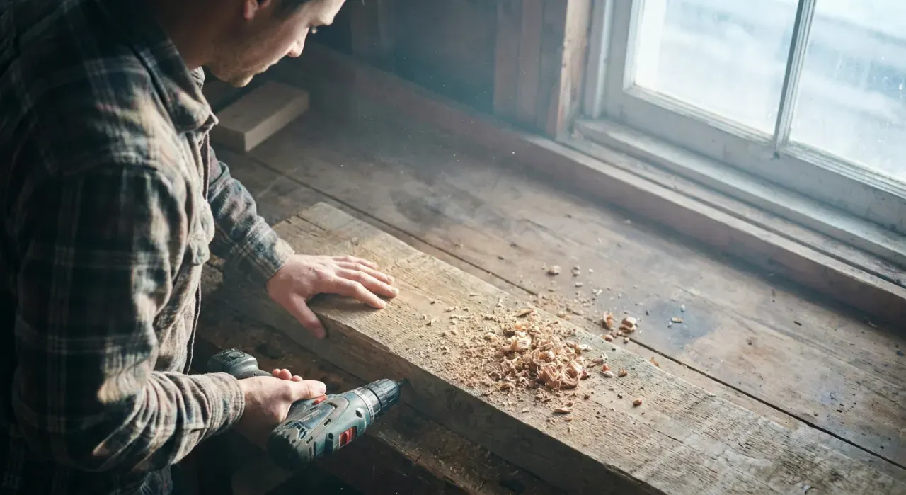 Overhead view of a person drilling into a timber board on a workbench, sawdust in the air, in soft early-morning light