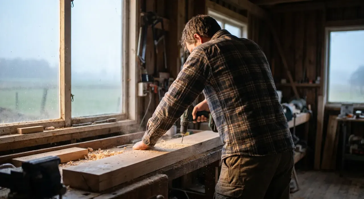 Wide environmental view of a person drilling into a timber board on a workbench, sawdust in the air, in soft early-morning light
