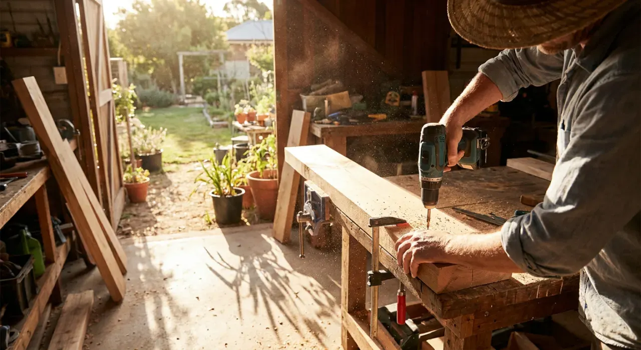Wide view of a person drilling into a timber board on a workbench, sawdust in the air, in bright midday sun