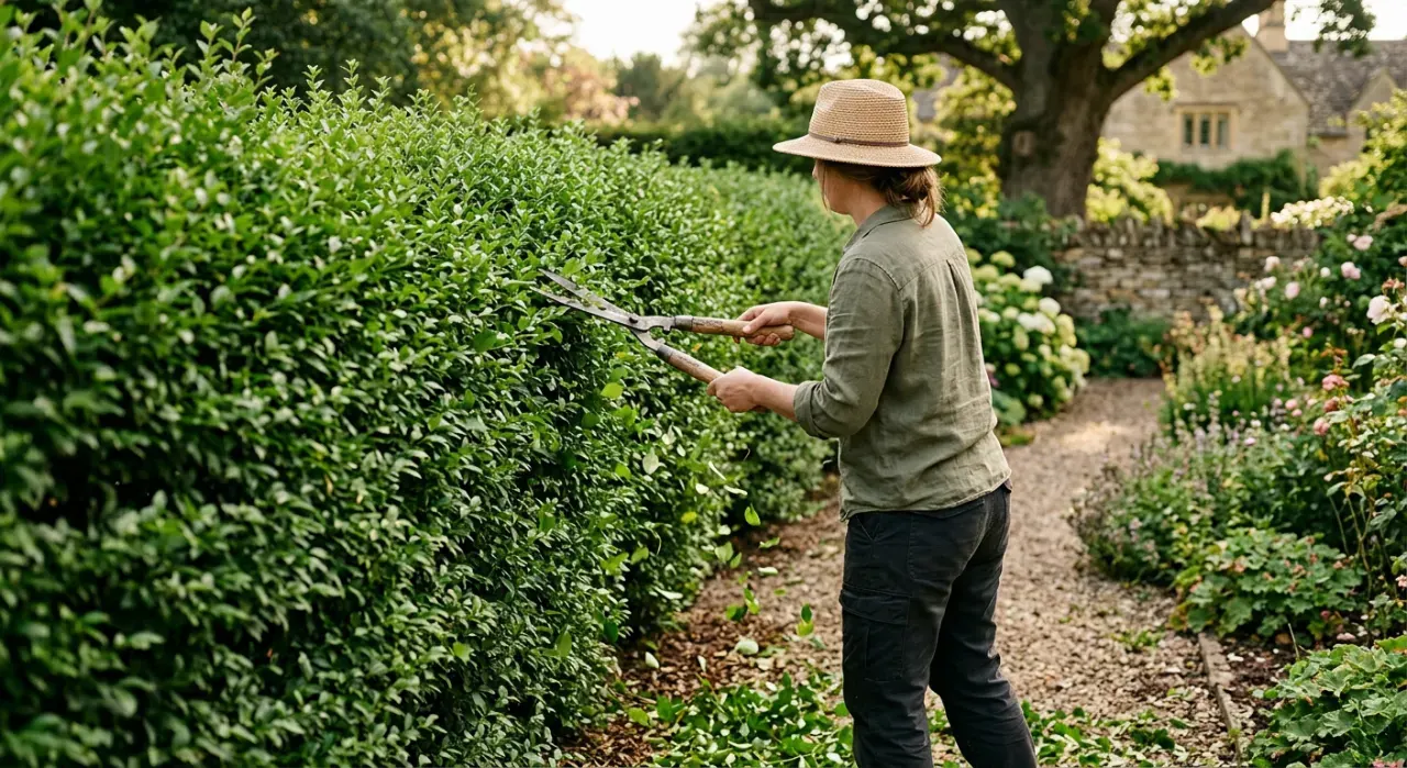 Wide view of a person trimming a green hedge with shears, cut leaves falling, in soft early-morning light