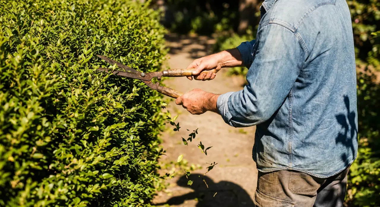 Over-the-shoulder view of a person trimming a green hedge with shears, cut leaves falling, in bright midday sun