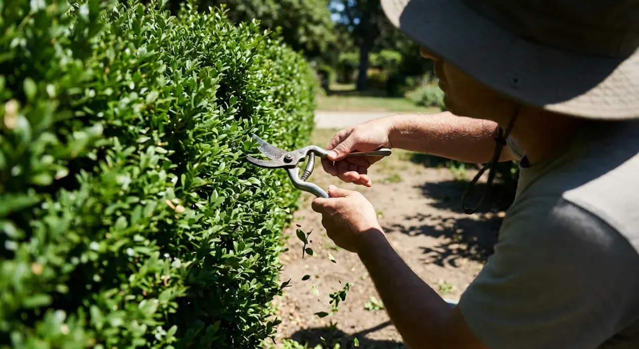 Low-angle view of a person trimming a green hedge with shears, cut leaves falling, in bright midday sun