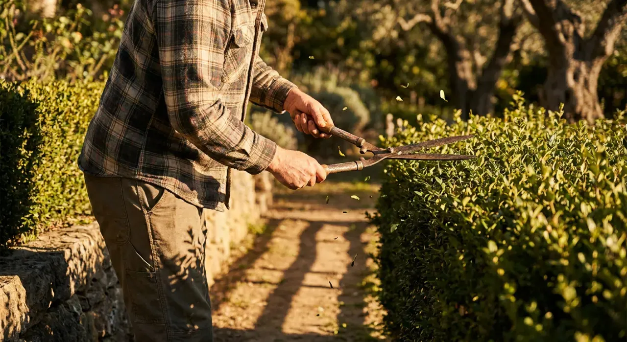 Golden-hour view of a person trimming a green hedge with shears, cut leaves falling