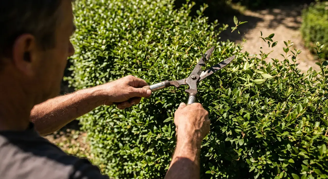 Close-up detail of the material being worked in a pruning, trimming & hedges project, in bright midday sun