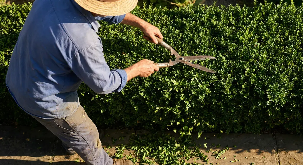 Overhead view of a person trimming a green hedge with shears, cut leaves falling, in bright midday sun