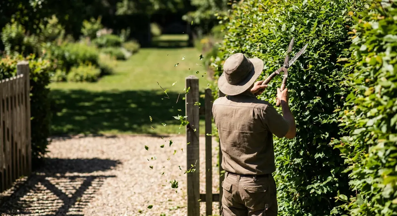 Wide environmental view of a person trimming a green hedge with shears, cut leaves falling, in bright midday sun