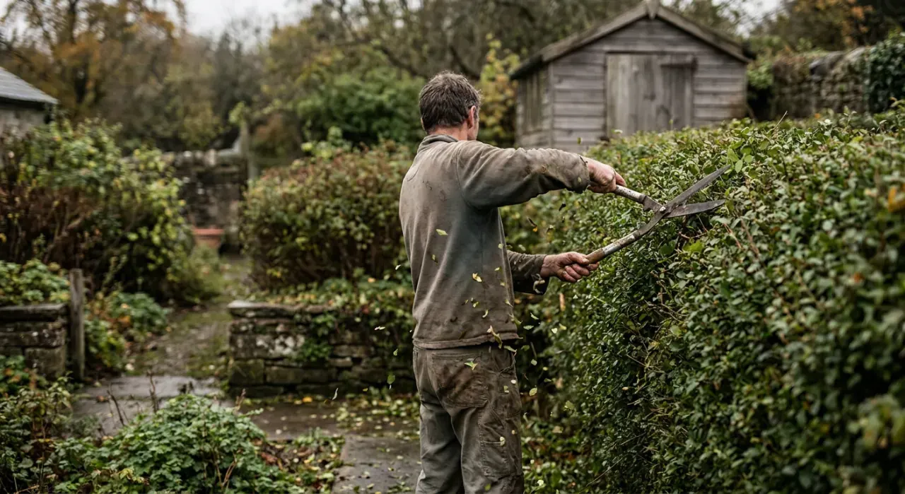 Wide view of a person trimming a green hedge with shears, cut leaves falling, in soft overcast light