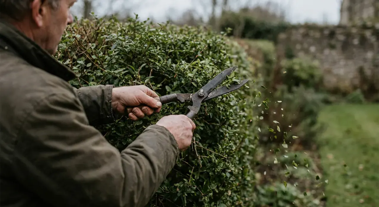 Over-the-shoulder view of a person trimming a green hedge with shears, cut leaves falling, in soft overcast light