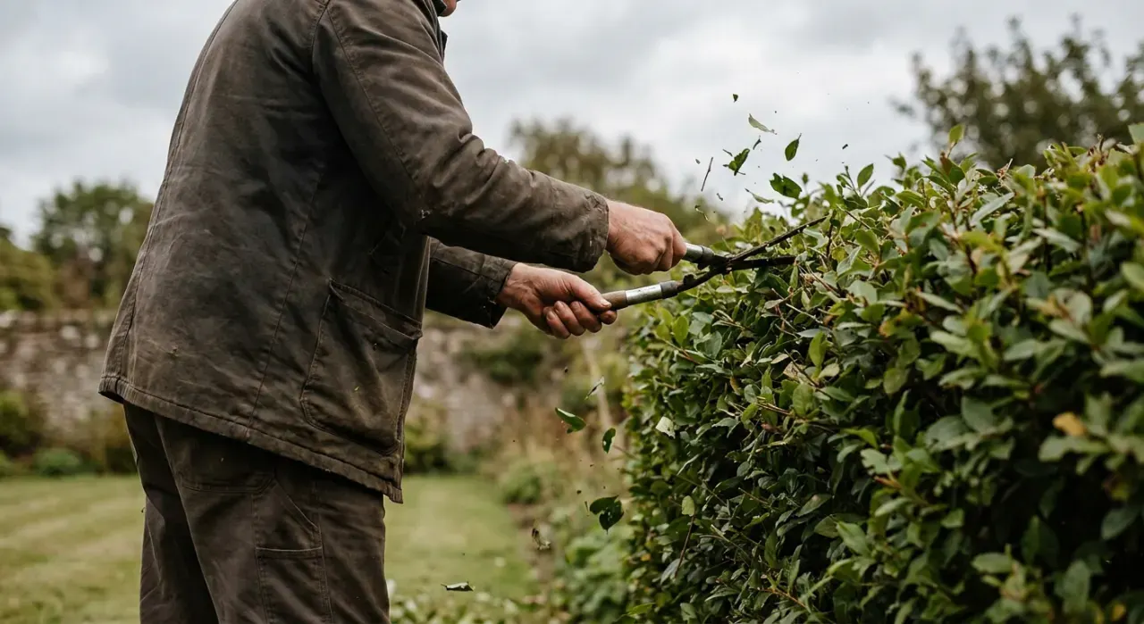 Three-quarter view of a person trimming a green hedge with shears, cut leaves falling, in soft overcast light