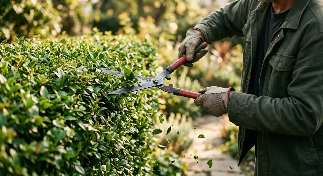 Over-the-shoulder view of a person trimming a green hedge with shears, cut leaves falling, in soft early-morning light