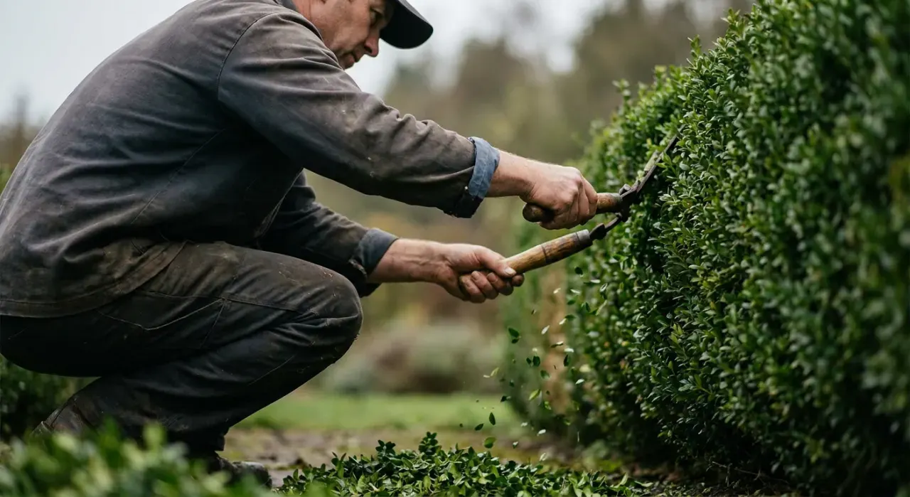 Low-angle view of a person trimming a green hedge with shears, cut leaves falling, in soft overcast light