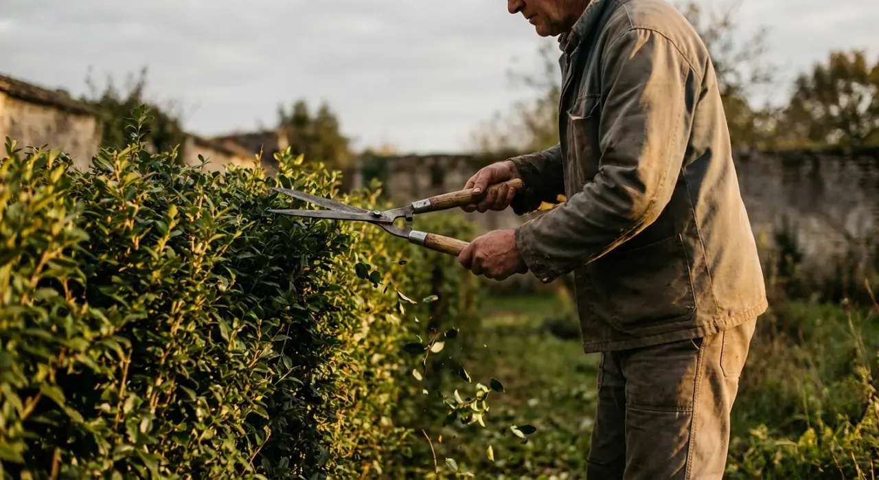 Golden-hour view of a person trimming a green hedge with shears, cut leaves falling
