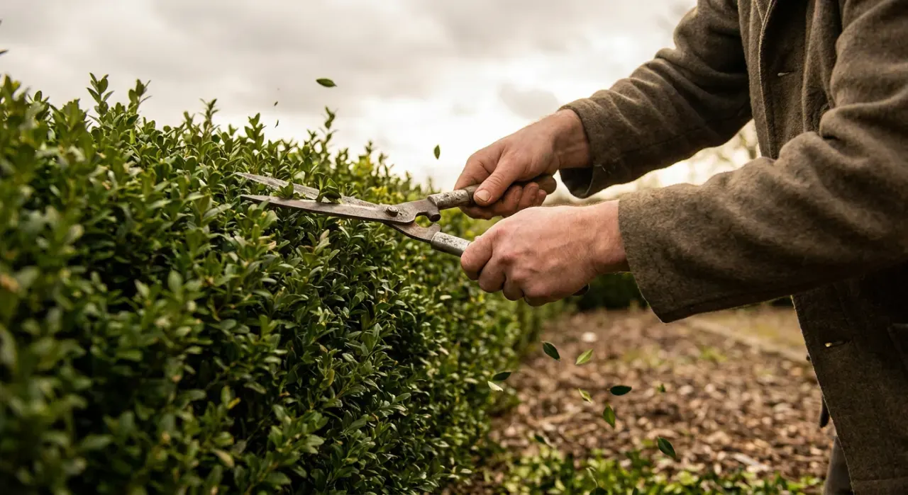 Close-up detail of the material being worked in a pruning, trimming & hedges project, in soft overcast light