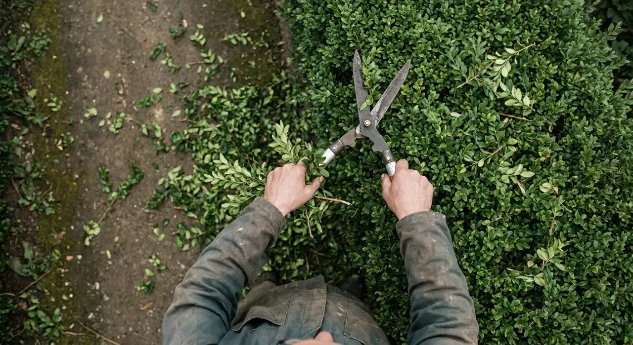Overhead view of a person trimming a green hedge with shears, cut leaves falling, in soft overcast light