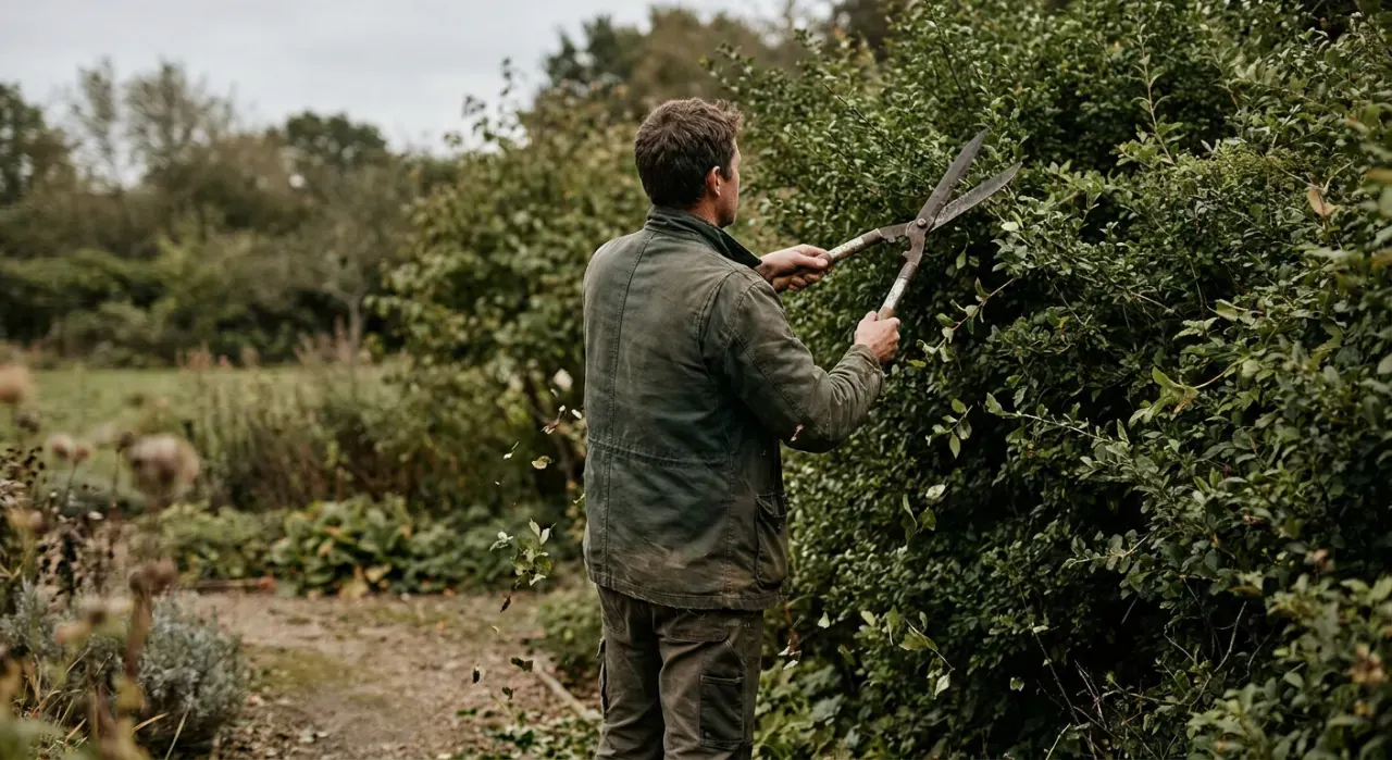 Wide environmental view of a person trimming a green hedge with shears, cut leaves falling, in soft overcast light