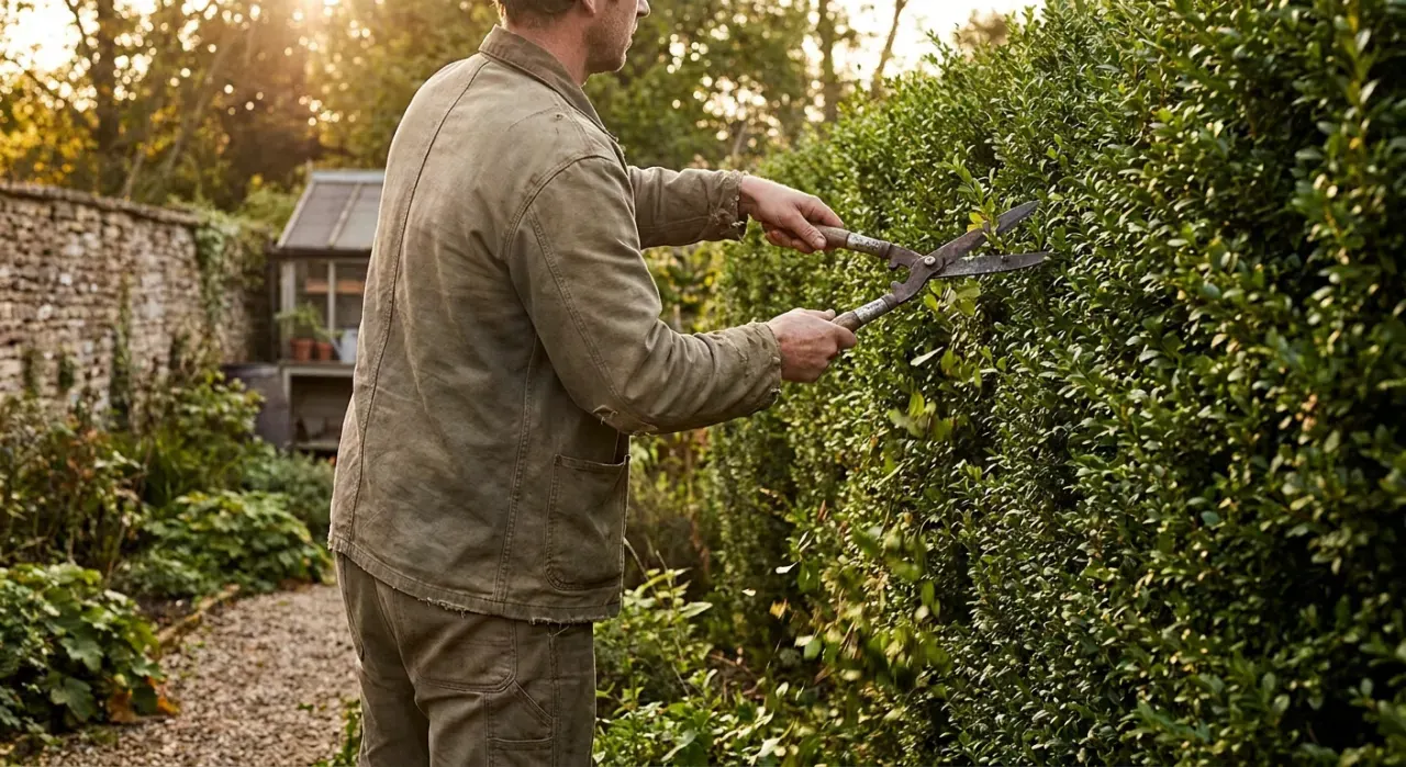 Wide view of a person trimming a green hedge with shears, cut leaves falling, in warm late-afternoon light