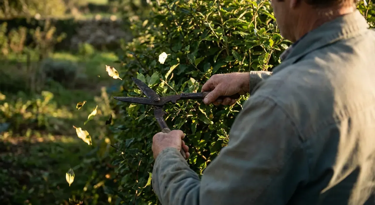 Over-the-shoulder view of a person trimming a green hedge with shears, cut leaves falling, in warm late-afternoon light