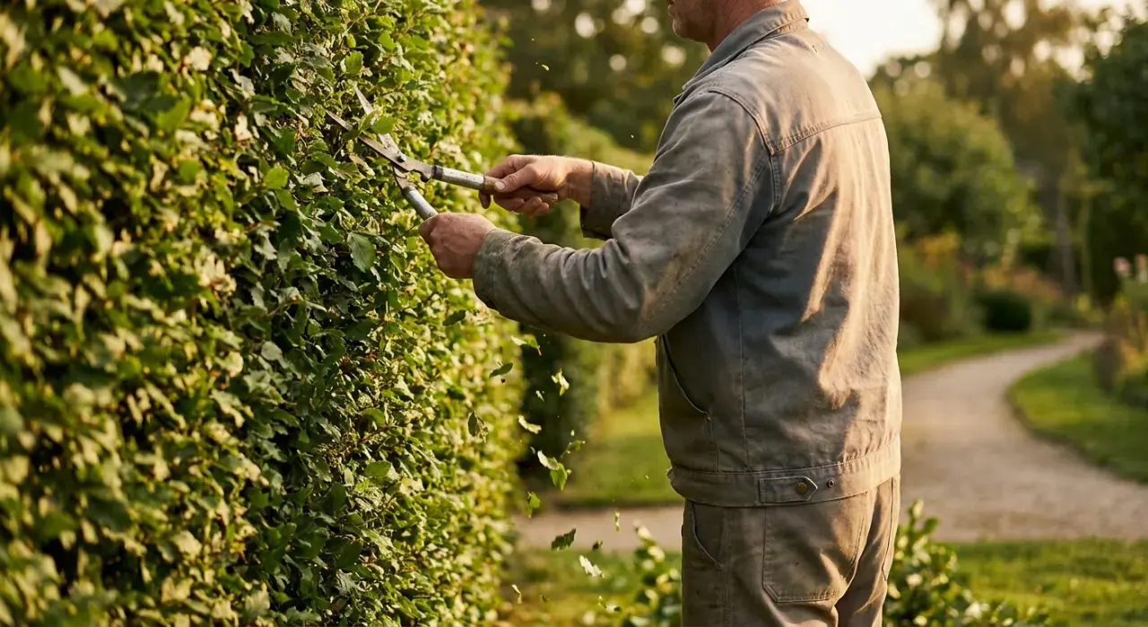 Three-quarter view of a person trimming a green hedge with shears, cut leaves falling, in warm late-afternoon light