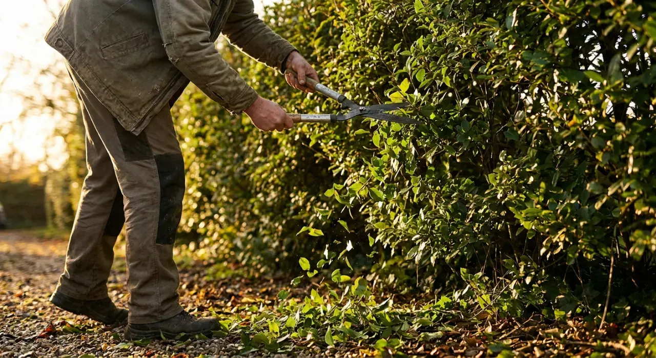 Low-angle view of a person trimming a green hedge with shears, cut leaves falling, in warm late-afternoon light