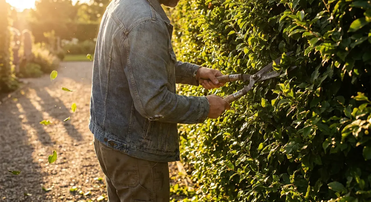 Golden-hour view of a person trimming a green hedge with shears, cut leaves falling