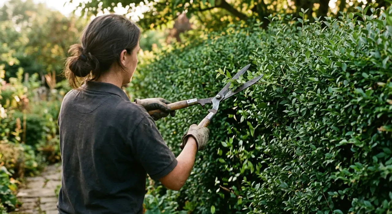 Three-quarter view of a person trimming a green hedge with shears, cut leaves falling, in soft early-morning light