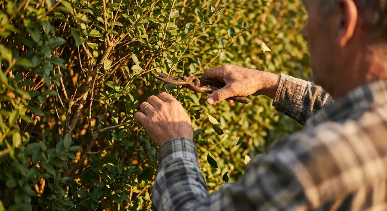 Close-up detail of the material being worked in a pruning, trimming & hedges project, in warm late-afternoon light