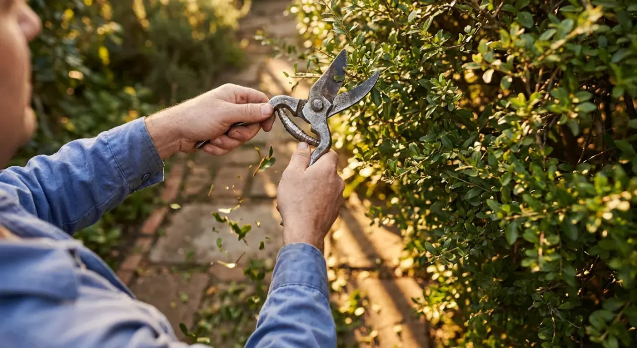 Overhead view of a person trimming a green hedge with shears, cut leaves falling, in warm late-afternoon light
